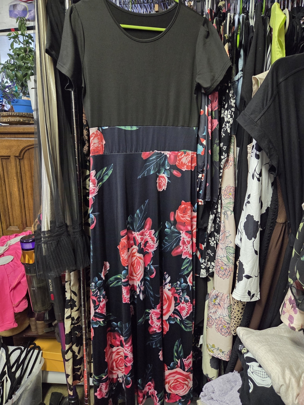 SHEIN Black Maxi Dress with Pink Floral Print